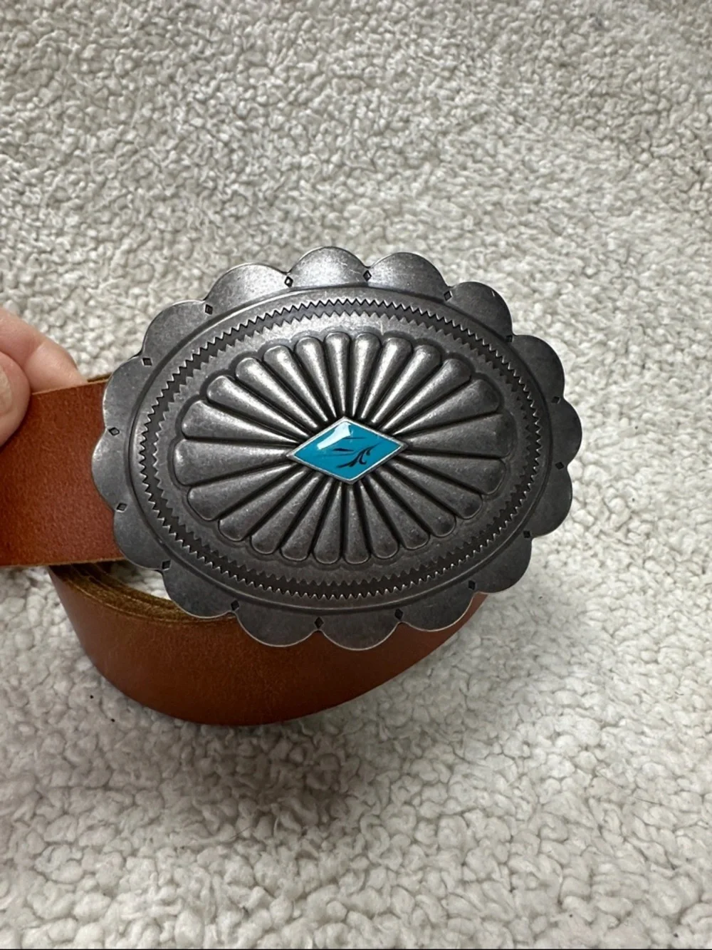 Genuine Leather Brown Western Concho Belt  Gray Metal Turquoise Style Buckle M